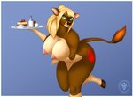 anthro bent_over big_breasts blonde_hair breasts brown_body brown_fur female food fur green_eyes hair hooves nipple_piercing nipples nude piercing slightly_chubby solo thick_thighs chromakoros alina_sweetnectar bovid bovine cattle mammal 2021