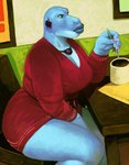 anthro belt beverage big_breasts big_butt big_legs blue_body blue_eyes blue_scales blue_skin breasts butt chair clothed clothing coffee coffee_cup coffee_mug colored_nails container cup dutch_angle ear_piercing ear_ring female furniture jewelry jumper lips lipstick long_sleeves makeup nails necklace non-mammal_breasts obese obese_anthro obese_female overweight overweight_anthro overweight_female picture_frame piercing pink_nails red_clothing ring_piercing scales side_view solo table thick_lips thick_thighs wide_hips dyna_soar dinosaur prehistoric_species reptile scalie hi_res portrait three-quarter_portrait