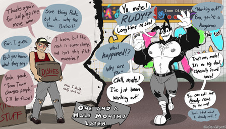 after_transformation anthro armpit_hair before_transformation belt black_body black_fur body_hair boots bottomwear box chest_hair clothed clothing container dialogue ear_piercing ear_ring facial_hair feet fingers fleischer_style_toon footwear fur gesture gloves graffiti graffiti_on_wall hair hand_gesture handwear implied_transformation legwear looking_at_viewer male muscular muscular_anthro muscular_male nipples open_mouth pants pecs piercing public public_transportation ring_piercing shoes simple_background smile solo species_transformation speech_bubble standing subway subway_station tail teeth text time_skip toeless_footwear toes toony topless transformation waving waving_at_viewer white_body white_fur sophymn human humanoid kangaroo macropod mammal marsupial 7:4 absurd_res digital_media_(artwork) english_text hi_res monochrome