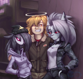 anthro bangs beak beanie black_beak black_eyelids black_eyeshadow black_hair blonde_hair bottomwear clothing collar ear_piercing ear_ring eyelashes eyeshadow female ffm fur grey_hair group hair hair_over_eye half-closed_eyes halo hand_in_pocket hands_in_both_pockets hat headgear headwear hoodie hug jacket light_body light_skin long_hair looking_at_viewer makeup male male/female narrowed_eyes notched_ear one_eye_closed one_eye_obstructed orange_eyes pants piercing pockets red_eyes ring_piercing smile standing sweater sweater_vest topwear trio vest white_body white_face white_fur mr_diableg hellaverse helluva_boss mythology loona_(helluva_boss) octavia_(helluva_boss) avian avian_demon bird canid canid_demon canine demon hellhound human mammal mythological_canine mythological_creature owl owl_demon hi_res