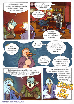 5_fingers anthro anxiety bar beverage black_body black_fur black_nose blue_body blue_fur clothed clothed_anthro clothed_male clothing dialogue feathers female fingers fur glass grey_body grey_fur group hoodie humanoid_hands kerchief male multicolored_body multicolored_fur neckerchief neckwear page_number red_body red_feathers shirt speech_bubble text tongue topwear two_tone_body two_tone_fur white_body white_feathers white_fur worried kantachibli adrian_(kantachibli) benedict_(kantachibli) blue_(kantachibli) phillip_(kantachibli) avian badger bird canid canine chicken equid equine fox galliform heron horse mammal mustelid musteline pelecaniform phasianid comic english_text hi_res url