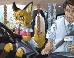 bodily_fluids breasts car clothed clothing duo female hair inside_car inside_vehicle kemono male sweat text transformation vehicle doitsuken canid canine fox human mammal hi_res japanese_text translated