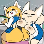 anthro big_breasts big_butt bodily_fluids bottomwear breasts butt butt_grab clothed clothing duo female female/female flashing hand_on_butt holding_butt looking_at_viewer looking_back office raised_bottomwear raised_clothing raised_skirt sitting skirt smug sweat sweatdrop underwear hexecat aggretsuko sanrio fenneko retsuko ailurid canid canine fennec_fox fox mammal red_panda true_fox 1:1 absurd_res hi_res