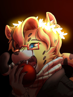 anthro black_background black_body black_clothing black_fur black_hair black_spots black_topwear blonde_hair blue_eyes cheek_tuft clothed clothing eyewear facial_tuft fangs fur glasses glistening glistening_eyes hair male markings narrowed_eyes open_mouth rectangular_glasses red_tongue simple_background solo spots spotted_body spotted_fur teeth tongue topwear tuft unsigned white_body white_clothing white_fur white_topwear yellow_body yellow_fur papayafurry felid mammal 3:4 bust_portrait hi_res portrait