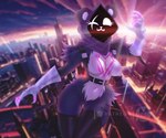 anthro belt breasts clothed clothing featureless_breasts featureless_crotch female fur gloves hair handwear legwear navel nude purple_body purple_fur purple_hair seductive shadow_face smile solo standing stockings purrynx epic_games fortnite raven_team_leader bear mammal ursine