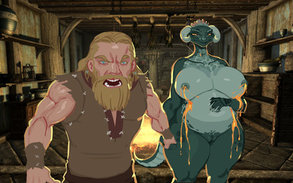 anthro big_breasts bodily_fluids breasts duo female hand_holding interspecies interspecies_pregnancy lactating looking_at_viewer male male/female pregnant tail thick_thighs wide_hips smolevn bethesda_game_studios microsoft skyrim the_elder_scrolls argonian human humanoid mammal scalie hi_res