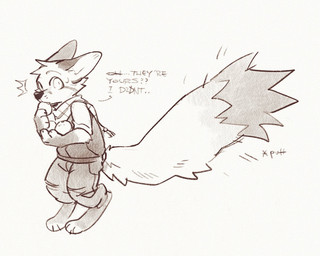 anthro bodily_fluids bottomwear clothed clothing digitigrade dipstick_tail ears_back food head_tuft holding_food holding_object looking_at_viewer male markings pants pivoted_ears scarf simple_background solo standing sweat tail tail_markings three-quarter_view topwear tuft unsigned wide_eyed asnnonaka canid canine fox mammal 5:4 full-length_portrait hi_res monochrome portrait