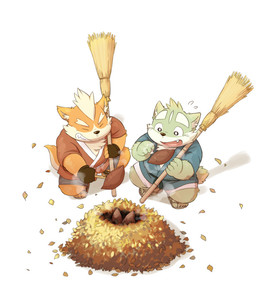 anthro bottomwear clothed clothing cute_fangs duo eyes_closed fangs food fur green_body green_fur kemono male orange_body orange_fur robe shorts simple_background teeth white_background kinoshita-jiroh the_spicy_ninja_scrolls shichimi_(the_spicy_ninja_scrolls) wasabi_(the_spicy_ninja_scrolls) canid canine canis domestic_dog mammal 2015