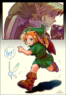 belt blonde_hair blue_eyes boots clothing duo ear_piercing ear_ring footwear hair humanoid_pointy_ears light_body light_skin male not_furry piercing pointy_ears ring_piercing running shield shirt shoes simple_background smile speech_bubble topwear tunic wings kwsby_124 nintendo ocarina_of_time the_legend_of_zelda link navi elf fairy humanoid hylian hi_res signature