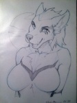 anthro big_breasts black_eyes black_nose breasts cloud eyebrows eyelashes fangs female fur hair looking_up moon naturally_censored open_mouth outside simple_background sky solo teeth tongue white_background wolfy-nail canid canine canis mammal wolf 2015 3:4 monochrome traditional_media_(artwork) watermark