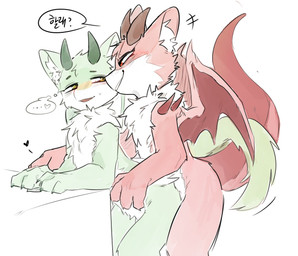 ambiguous/ambiguous ambiguous_gender anthro arm_spikes assertive bedroom_eyes bent_over biped blush cheek_tuft chest_tuft cuddling dialogue duo ellipsis eye_contact facial_tuft featureless_crotch fluffy fluffy_tail fur green_body green_eyes green_fur green_horn grin hand_holding hand_on_hip head_tuft horn inner_ear_fluff intraspecies looking_at_another membrane_(anatomy) membranous_wings narrowed_eyes neck_tuft nude nude_ambiguous nude_anthro red_body red_eyes red_fur seductive shoulder_spikes side_view slim slim_ambiguous slim_anthro smile speech_bubble spikes spikes_(anatomy) tail tapering_tail text tuft white_body white_fur wings vitame83 mythology dragon furred_dragon furred_scalie mythological_creature mythological_scalie scalie 2025 digital_drawing_(artwork) digital_media_(artwork) hi_res korean_text