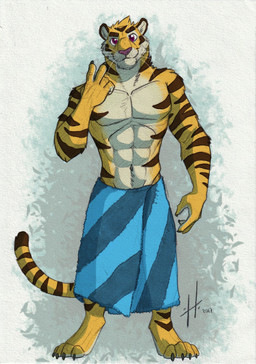 anthro cheek_tuft closed_smile facial_tuft front_view fur gesture glistening glistening_eyes hand_gesture head_tuft looking_at_viewer male male_anthro markings mouth_closed muscular muscular_anthro muscular_male neck_tuft red_eyes smile solo standing striped_arms striped_markings striped_tail stripes tail tail_markings towel towel_around_waist tuft v_sign yellow_body yellow_fur hufnaar felid mammal pantherine tiger 2017 colored_sketch dated full-length_portrait hi_res portrait sketch