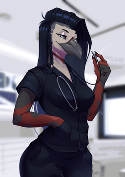 5_fingers anthro beak biped bottomwear breasts claws clothed clothed_anthro clothed_female clothing female fingers front_view fully_clothed fully_clothed_anthro fully_clothed_female hair inside looking_at_viewer non-mammal_breasts smile solo standing tail topwear allatir avian bird 2026 digital_drawing_(artwork) digital_media_(artwork) hi_res