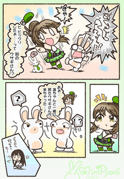 4_panel_comic 5_fingers accessory ambiguous_anthro ambiguous_feral ambiguous_gender anthro armless bangs bedding belt belt_buckle bent_arm beret biped black_belt black_clothing black_eyebrows black_eyes black_footwear black_hair black_socks blanket bodily_fluids bottomwear brown_hair buckle buckteeth camera chibi clothed clothed_female clothed_human clothing confusion dialogue dot_eyes ellipsis empty_eyes exclamation_point eye_contact eyebrow_through_hair eyebrows eyelashes featureless_crotch featureless_feet featureless_legs feet female female_human feral fingers footwear fully_clothed fully_clothed_female fully_clothed_human fur green_beret green_bottomwear green_clothing green_footwear green_necktie green_shoes green_skirt green_topwear green_vest grey_bottomwear grey_clothing grey_footwear grey_shoes grey_skirt group hair hair_bun hand_pawpads hat headgear headwear holding_camera holding_object inner_monologue larger_anthro larger_female larger_human lidded_eyes limbless long_ears long_hair looking_at_another mitten_hands mostly_nude mostly_nude_ambiguous mostly_nude_feral motion_lines mouthless multicolored_body necktie necktie_only no_eyebrows no_pupils noseless nude nude_ambiguous nude_anthro open_clothing open_mouth open_topwear open_vest outline pawpads pink_mouth question_mark shirt shoes short_legs simple_eyes size_difference skirt smaller_ambiguous smaller_anthro smaller_feral smile smiling_at_another socks standing startled sweat sweatdrop tail tan_body tan_eyelids tan_inner_ear tan_pawpads tan_skin teeth text thinking thought_bubble topwear translucent translucent_hair two_tone_body vest white_body white_clothing white_eyes white_fur white_outline white_shirt white_tail white_topwear yellow_eyes charisuke cygames idolmaster idolmaster_cinderella_girls raving_rabbids rayman_(series) ubisoft aiko_takamori rin_shibuya human lagomorph mammal rabbid 2020 cel_shading colored comic crossover digital_drawing_(artwork) digital_media_(artwork) hi_res japanese_description japanese_text shaded translation_request