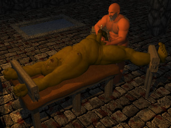 anthro ballbusting bdsm beard belly body_hair bondage bound chest_hair cock_and_ball_torture dominant dominant_male dungeon duo erection facial_hair facial_piercing fangs feet fist forced_spreading forced_spreading_legs fully_bound furniture genital_torture genitals humanoid_genitalia humanoid_penis lying male male/male muscular muscular_anthro muscular_dom muscular_male muscular_sub nipple_piercing nipples nose_piercing nose_ring not_furry nude nude_male on_back on_table open_mouth pain penetration penis piercing pubes restraining_table ring_piercing spread_legs spreading squeezing submissive submissive_male table teeth toes urethral urethral_penetration gorogh_(artist) dwarf human humanoid mammal orc 2011 3d_(artwork) 4:3 digital_media_(artwork) grandfathered_content