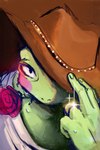 ambiguous_gender anthro blush bodily_fluids close-up clothed clothing cowboy_hat digit_ring flower flower_in_mouth green_body hat headgear headwear jewelry looking_at_viewer plant ring rose_(flower) rose_in_mouth shirt solo sweat topwear wedding_ring ottororin drawfee_(copyright) ribbit_ranger amphibian frog absurd_res hi_res