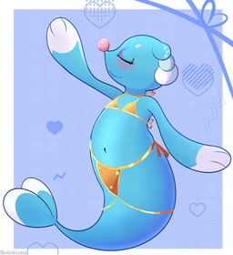 anthro bikini blue_background blush border circle_eyebrows clothing eyebrows eyelashes eyes_closed female gold_bikini heart_symbol navel pose simple_background smile solo star swimwear text triangle_bikini two-piece_swimsuit wavy_mouth wavy_smile white_border machiiluduii nintendo pokemon brionne generation_7_pokemon pokemon_(species) absurd_res artist_name hi_res