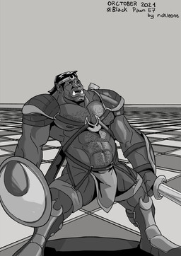 armor body_hair boots chess chest_hair clothing facial_hair footwear harness male muscular muscular_male nipples orctober_chess_challenge pauldron pecs shoes solo text rickleone inktober orctober humanoid orc english_text greyscale hi_res monochrome