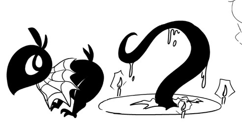 ambiguous_gender anthro big_butt black_body black_feathers butt candle dripping duo feathers imminent_sex offscreen_ambiguous raised_tail slime summoning_circle tail tentacles thick_thighs dizzysauce_nsfw puppy_guard wick_(puppy_guard) avian bird corvid corvus_(genus) crow demon oscine passerine monochrome