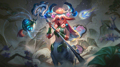 armor blue_eyes breasts clothing cloud detailed_background female flower front_view green_clothing hair holding_object holding_staff looking_at_viewer mountain night outside pink_hair plant smile solo staff star tail tree water kevin_glint league_of_legends riot_games tencent lillia_(lol) deer deer_taur humanoid_taur mammal mammal_taur taur 16:9 digital_media_(artwork) hi_res official_art widescreen