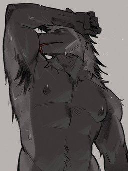 anthro armpit_hair athletic athletic_anthro athletic_male biceps black_body black_fur black_nipples black_nose body_hair claws clothed clothing finger_claws fur grey_body grey_fur kemono licking_bicep male nipples pecs simple_background solo tongue tongue_out topless topless_anthro topless_male wet hemuchang vlatt23_pose autumn_(outumn) canid canine fox mammal platinum_fox red_fox true_fox absurd_res hi_res