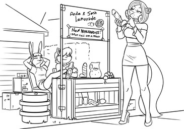 anal_beads anthro booth booth_(structure) box clothed clothing container cup dildo dress female footwear garage group hair high_heels lemonade_stand male markings mole_(marking) outside sex_toy shoes sitting standing text vendor_stand redout nickelodeon t.u.f.f._puppy annie_hill counting_cougar fan_character josh_kass cougar domestic_cat felid feline felis lagomorph leporid mammal rabbit 2021 black_and_white digital_drawing_(artwork) digital_media_(artwork) english_text hi_res monochrome