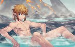 athletic athletic_humanoid athletic_male blonde_hair fingers hair hot_spring humanoid_pointy_ears lava lean_muscle light_body light_skin looking_at_viewer male muscle_tone nipples not_furry nude onsen partially_submerged pointy_ears rock scar serratus sitting smile solo steam water wet wet_body arsh nintendo the_legend_of_zelda link humanoid hylian