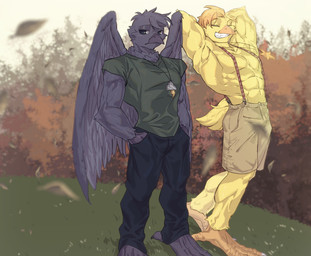 abs anthro back_wings biceps bored bottomwear clothed clothed_anthro clothed_male clothing duo feathers feet fully_clothed fully_clothed_anthro fully_clothed_male green_clothing green_shirt green_topwear hands_behind_head hands_in_both_pockets jewelry male male_anthro muscular muscular_anthro muscular_male nature_background necklace pants pecs purple_body purple_feathers shirt shirtless shirtless_male smile suspenders talons toes topwear wings yellow_body yellow_feathers pitania4 mob_entertainment nightmare_critters poppy_playtime smiling_critters kickinchicken poe_(poppy_playtime) avian bird chicken corvid corvus_(genus) galliform oscine passerine phasianid raven hi_res nonbinary_(lore)