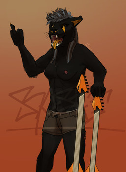alternative_fashion anthro black_body black_fur black_sclera bottomwear clothed clothing cybernetics double-neck_guitar electric_guitar female fur gesture graffiti guitar hair hand_gesture long_hair looking_at_viewer machine markings middle_finger musical_instrument nipple_piercing nipples open_mouth p700 piercing plucked_string_instrument punk shorts simple_background smile solo string_instrument teeth tongue tongue_piercing topless underwear kavaeric egyptian_mythology middle_eastern_mythology mythology rockgods bast bazzy deity domestic_cat felid feline felis mammal 2016 absurd_res digital_media_(artwork) hi_res