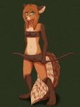 abstract_background anthro bottomwear bow_(weapon) bra breasts broad_shoulders brown_nose chest_tuft clothing digitigrade ears_back female fluffy fluffy_tail freckles fur gloves_(marking) green_eyes hair holding_object holding_weapon inner_ear_fluff leg_markings looking_at_viewer markings narrow_hips navel orange_body orange_fur orange_hair pivoted_ears ranged_weapon red_hair shorts simple_background slim small_breasts smile socks_(marking) solo tail tail_between_legs tuft underwear weapon akivaws canid canine fox mammal hi_res