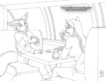 2006 anthro beverage breasts caitian canid canine chakona_space clothing coffee cookie duo felid female fennec_fox food fox fur hair herm_(lore) kacey leanna_fennec lunch mammal monochrome rosepetal_(goldfur) sketch star_trek tail true_fox uniform