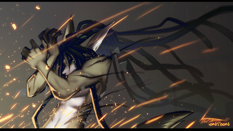 5_fingers anthro black_bars dreadlocks fingers green_eyes male simple_background solo sparks standing iontoon canid canine mammal
