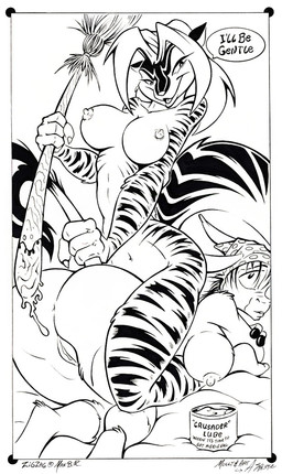 all_fours anthro bent_arm big_breasts breasts broom butt cleaning_tool container crossed_arms dialogue dominant dominant_female duo erect_nipples extended_arm female female/female female_on_bottom female_on_top fluffy fluffy_tail fur holding_broom holding_cleaning_tool holding_object humor improvised_dildo improvised_sex_toy interspecies looking_back lube lube_container navel nipples on_bottom on_top raised_tail straddling striped_body striped_fur stripes submissive submissive_female tail tail_grab tail_tuft text tuft alex_spastic molly_(alex_spastic) zig_zag asinus donkey equid equine mammal black_and_white english_text monochrome pen_(artwork) traditional_media_(artwork)