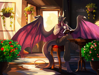 anthro barefoot black_body black_scales claws clothed clothing digitigrade feet formal_wear green_eyes horn long_tail male membrane_(anatomy) membranous_wings purple_body purple_scales scales shadow solo tail wings sugar_(artist) mythology dragon mythological_creature mythological_scalie scalie absurd_res hi_res