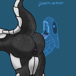 anthro anus ball_lick balls bent_over bite biting_another black_body chastity_cage chastity_device duo genitals licking male male_focus oral sex tail teeth tongue white_body hazel_nuthead ike_(hazel_nuthead) synth_(vader-san) 1:1 animated