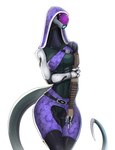 alternate_species anthro big_breasts bodysuit breasts clothed clothing female fully_clothed furgonomics furrification hood long_neck long_tail looking_at_viewer mask non-mammal_breasts pupils skinsuit slit_pupils smile solo spacesuit tail thick_thighs tight_clothing wide_hips spacemaxmarine bioware electronic_arts mass_effect tali'zorah reptile scalie snake hi_res