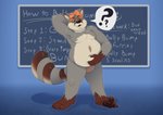 anthro belly big_belly canid canine canis chalkboard english_text featureless_crotch fusion hybrid information_board list male mammal merging nude number numbered_list overweight overweight_anthro overweight_male pawpads physical_list plantigrade question_mark raccoon_dog solo speech_bubble standing tanuki text the-b3ing thought_bubble wolf