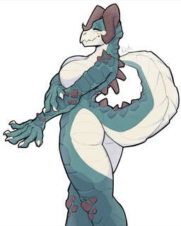 5_fingers anthro bedroom_eyes blue_body butt claws female fingers freckled_face freckles horn looking_at_viewer muscular muscular_anthro muscular_female narrowed_eyes pose raised_tail scales seductive simple_background smile solo tail nukefu fallout microsoft deathclaw reptile scalie absurd_res hi_res letterbox pinup