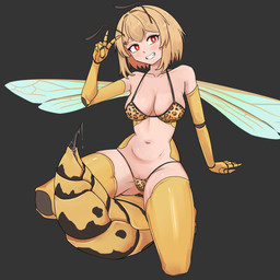 animal_print animal_print_bikini antennae_(anatomy) arthropod_abdomen arthropod_abdomen_genitalia bikini blonde_hair bodily_fluids breasts clothing exoskeleton female genitals gesture hair hand_gesture insect_wings leopard_print leopard_print_bikini navel pattern_bikini pattern_clothing pattern_swimwear pubes red_eyes simple_background solo stinger swimwear two-piece_swimsuit v_sign wings yellow_body yellow_exoskeleton bugseid animal_humanoid arthropod arthropod_humanoid humanoid hymenopteran hymenopteran_humanoid insect insect_humanoid wasp_humanoid 1:1 2026 alternate_version_at_paywall hi_res