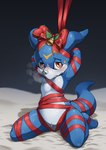 animal_genitalia anthro blue_tail blush bodily_fluids genital_slit genitals holidays kneeling solo spread_legs spreading sweat tail voidtails bandai_namco christmas digimon digimon_(species) scalie veemon 2023 hi_res