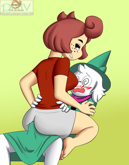 blush clothing duo erection female fur green_background hat headgear headwear interspecies male male/female robe scarf simple_background smile text white_body white_fur filler_shmazman deltarune undertale_(series) ralsei red_(filler_shmazman) bovid caprine darkner goat human mammal 2019 digital_media_(artwork) hi_res url