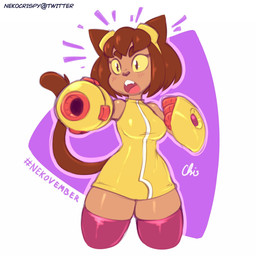 absolute_territory anthro arm_cannon armwear breasts brown_eyebrows brown_hair brown_tail clothing eyebrows eyewear eyewear_on_head female front_view geometric_background goggles goggles_on_head hair legwear open_mouth simple_background solo tail tan_body teeth thick_thighs thigh_highs white_background yellow_armwear yellow_clothing yellow_eyewear yellow_goggles yellow_sclera nekocrispy gameoverse glitch_productions kit_bodega domestic_cat felid feline felis mammal 1:1 2017 digital_drawing_(artwork) digital_media_(artwork) hi_res portrait three-quarter_portrait