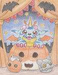 ambiguous_gender animal_skin anthro blush detailed_background front_view holidays horn jack-o'-lantern looking_at_viewer red_eyes slightly_chubby solo stage text yellow_body tabasukotrr bandai_namco digimon halloween digimon_(species) gabumon english_text hi_res traditional_media_(artwork)