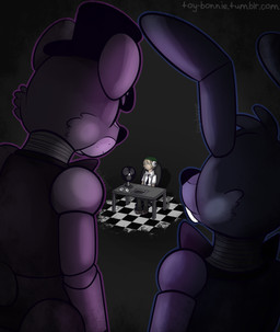 anthro bow_(feature) bow_tie checkered checkered_floor clothing dark group hat headgear headwear machine male teeth text top_hat toy-bonnie five_nights_at_freddy's five_nights_at_freddy's_2 scottgames jeremy_fitzgerald shadow_bonnie_(fnaf) shadow_freddy_(fnaf) animatronic bear human lagomorph leporid mammal rabbit robot hi_res url