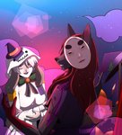 anthro clothing cloud duo female hair hairless holidays long_hair male mask red_hair suit white_hair lusinka halloween canid canine canis domestic_dog lagomorph leporid mammal rabbit artist_collaboration hi_res