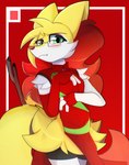 anthro asian_clothing chinese_clothing clothing east_asian_clothing eyewear female fur glasses green_eyes legwear solo stockings yellow_body yellow_fur kitsunekotaro nintendo pokemon braixen canid generation_6_pokemon mammal pokemon_(species) hi_res