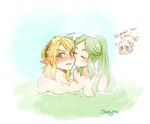 blonde_hair blush clothing crossover_ship duo_focus female green_hair group hair hot_spring human_on_humanoid humanoid_pointy_ears interspecies kissing light_body light_skin male male/female not_furry nude partially_submerged pointy_ears water soft_sizzle kid_icarus nintendo the_legend_of_zelda link palutena pit_(kid_icarus) elf human humanoid hylian mammal crossover hi_res signature