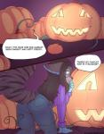 anthro breasts clothed clothing eyewear female food fruit glasses jack-o'-lantern plant pumpkin solo sweater text topwear vines zyira epsilon_lou felid mammal digital_media_(artwork) english_text