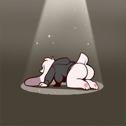 anthro big_breasts bottomless breasts clothed clothing female hoodie hoodie_only kneeling light light_beam long_ears regret sad shortstack simple_background solo thick_thighs topwear topwear_only white_body wide_hips colarix colarix_(fursona) lagomorph leporid mammal rabbit 1:1