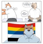 absurd_res anthro callmetatsuo canid canine china clothed clothing duo english_text five-colored_flag_(republic_of_china) fox fur hi_res hyena male male/male mammal meme orange_body orange_fur stare text